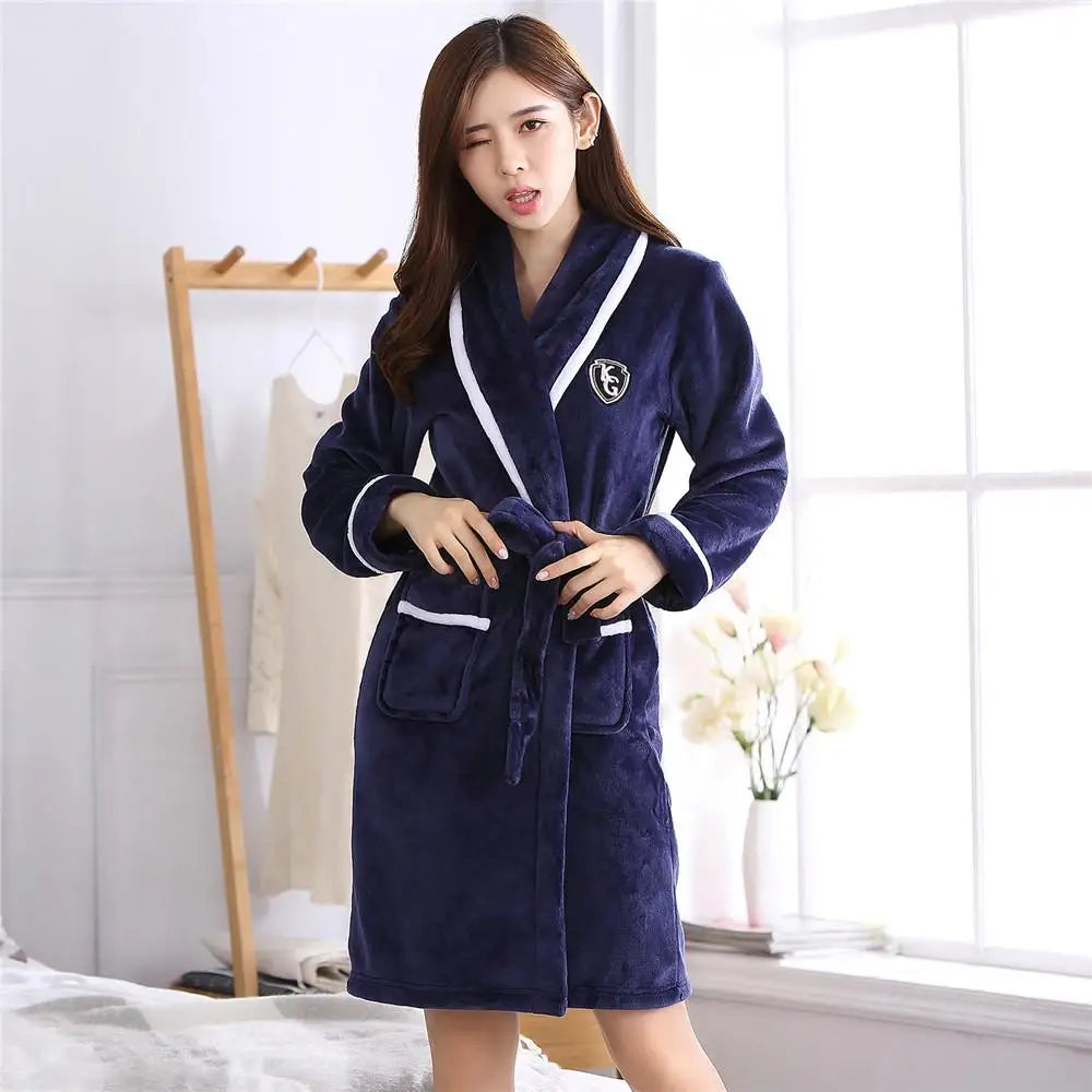 Women's Navy Blue Fleece Bathrobe - Image 2