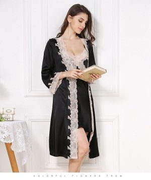 Black Silk Robe and Chemise Set