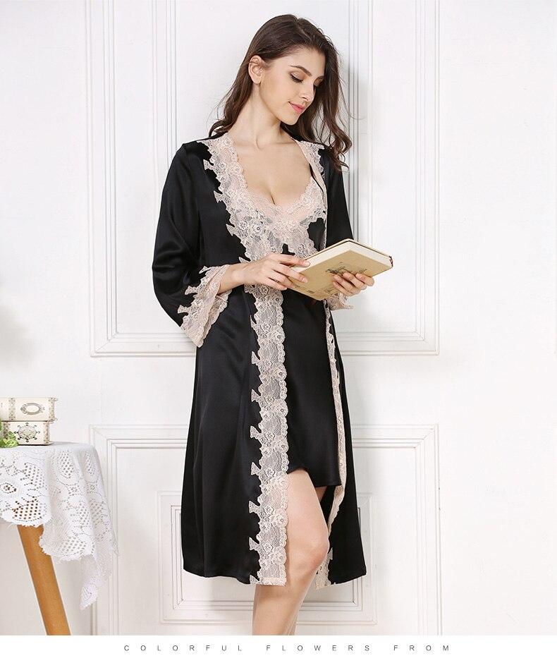 Black Silk Robe and Chemise Set