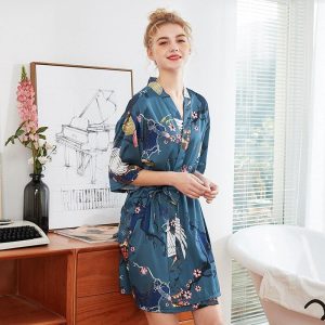 Satin Bird-Print Robe