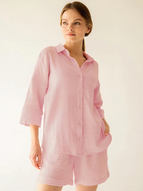 Recycled Jersey Pajama Set with Button-Down Shirt and Shorts