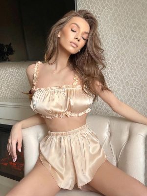 "Champagne" Satin Pajamas with Lace Hem
