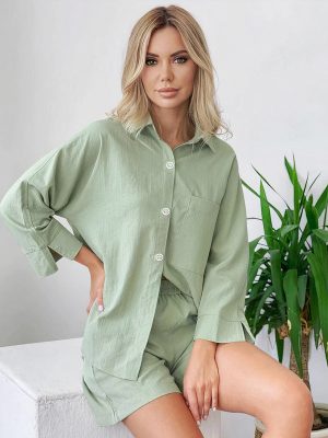 Women's Sage Green Mix & Match Viscose Pajamas with Contrast Stitching