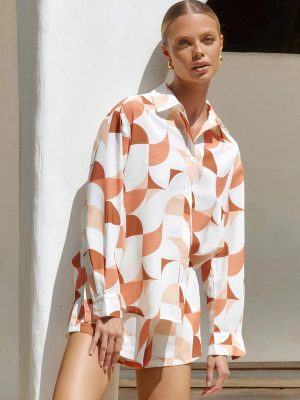 Chic and Trendy Beige Pajamas with a Sheer, Multicolored Print