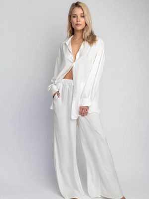 "White" Ribbed Satin Shirt and Trouser Pyjama Set