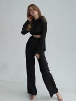Ribbed Long-Sleeve Crop Top and Wide-Leg Pants Pajama Set – Black