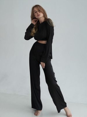 Ribbed Long-Sleeve Crop Top and Wide-Leg Pants Pajama Set – Black