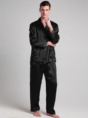 Men's Long Silk Pajamas with Contrast Trim – Black