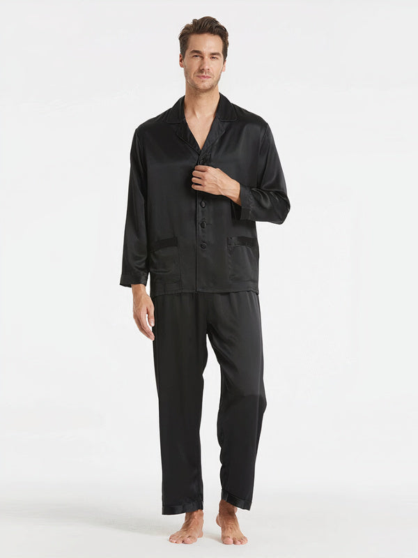 Men's Classic Long Silk Pajama Set – Black