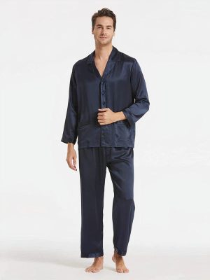 Men's Classic Long Silk Pajama Set "Navy Blue"