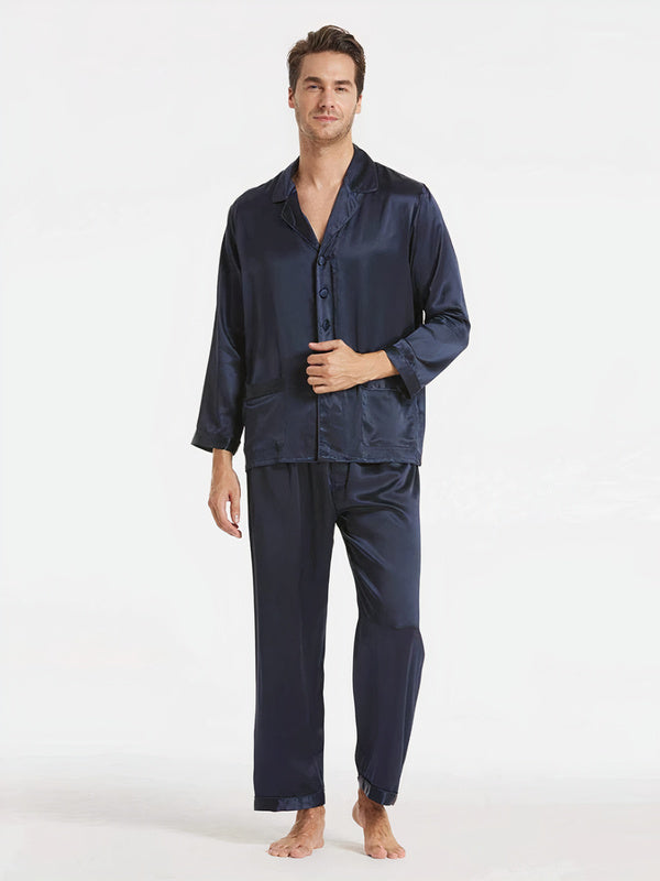 Men's Classic Long Silk Pajama Set "Navy Blue"