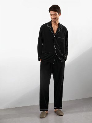 Men's Silk Pajamas with Lapel Collar – Black
