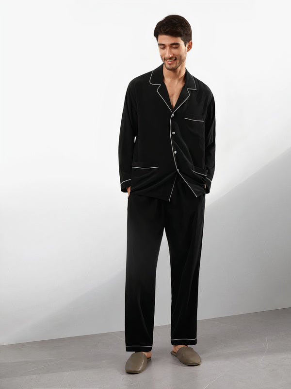 Men's Silk Pajamas with Lapel Collar – Black