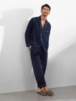 Men's Navy Blue Silk Pajamas with Lapel Collar