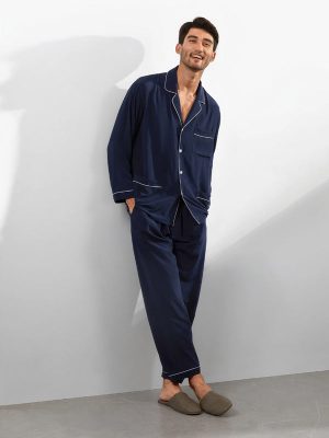 Men's Navy Blue Silk Pajamas with Lapel Collar