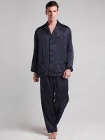 Men's Long Silk Pajamas with Contrast Trim – Navy Blue