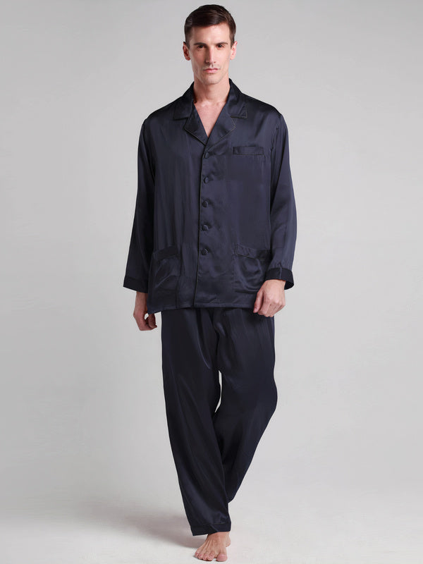 Men's Long Silk Pajamas with Contrast Trim – Navy Blue