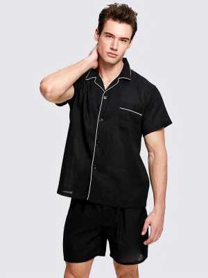 Men's Black Notch-Collar Pajama Shirt & Shorts Set