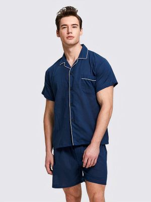 Men's Navy Blue Notch-Collar Pajama Shirt & Shorts Set