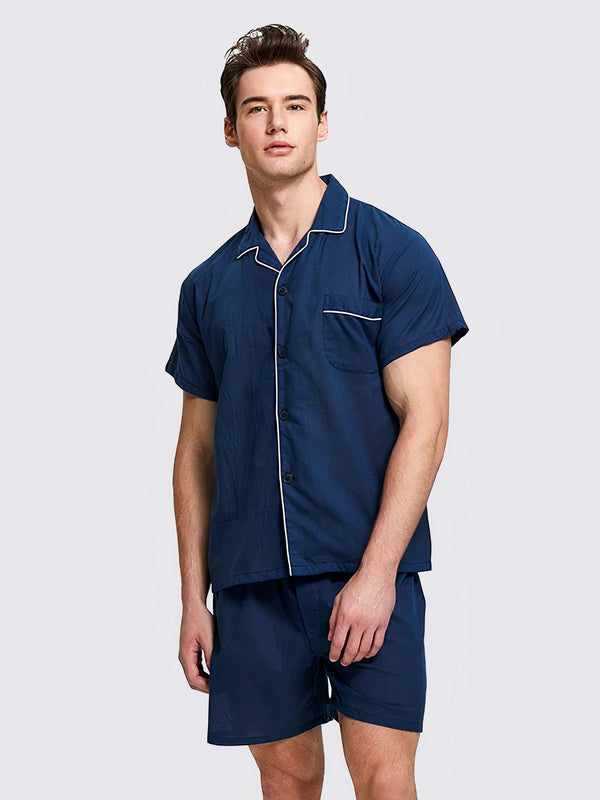Men's Navy Blue Notch-Collar Pajama Shirt & Shorts Set