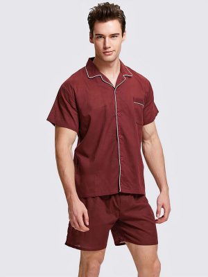 Men's "Red" Lapel Collar Pajama Shirt & Shorts Set