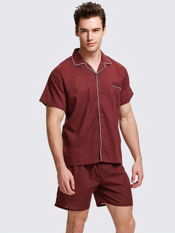 Men's "Red" Lapel Collar Pajama Shirt & Shorts Set