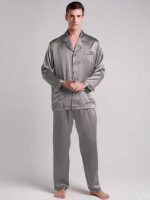 Men's Long Silk Pajamas with Contrast Trim – Grey