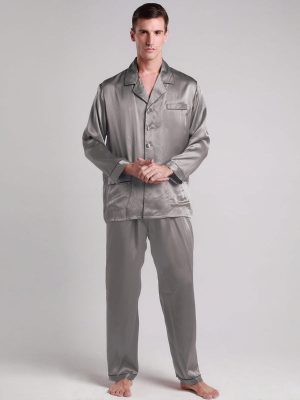 Men's Long Silk Pajamas with Contrast Trim – Grey