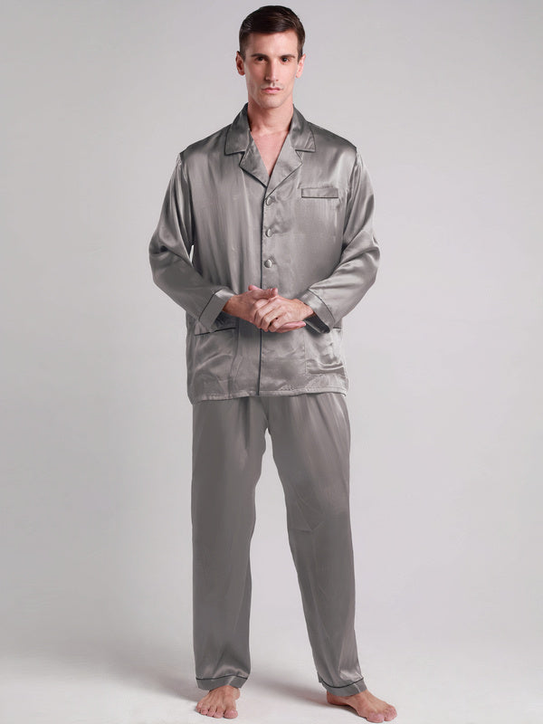 Men's Long Silk Pajamas with Contrast Trim – Grey