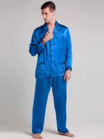 Men's Long Silk Pajamas with "Diamond Blue" Contrast Piping