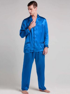 Men's Long Silk Pajamas with "Diamond Blue" Contrast Piping