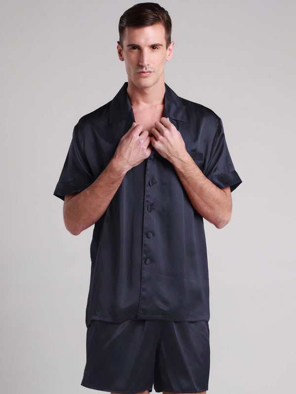 Classic Men's Luxury Silk Short Pajama Set – Navy Blue