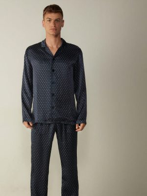 Men's "Navy Blue" Lily-Print Satin Pajamas