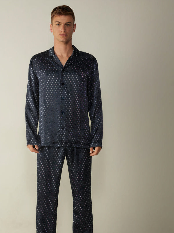 Men's "Navy Blue" Lily-Print Satin Pajamas