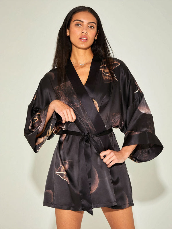 Women's Satin Robe "Black Floral"
