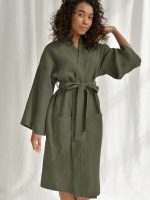 Women's Cotton Robe with Wide Sleeves and Two Pockets – Khaki