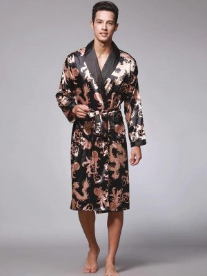 Men's Satin Robe – "Black" Dragon Print