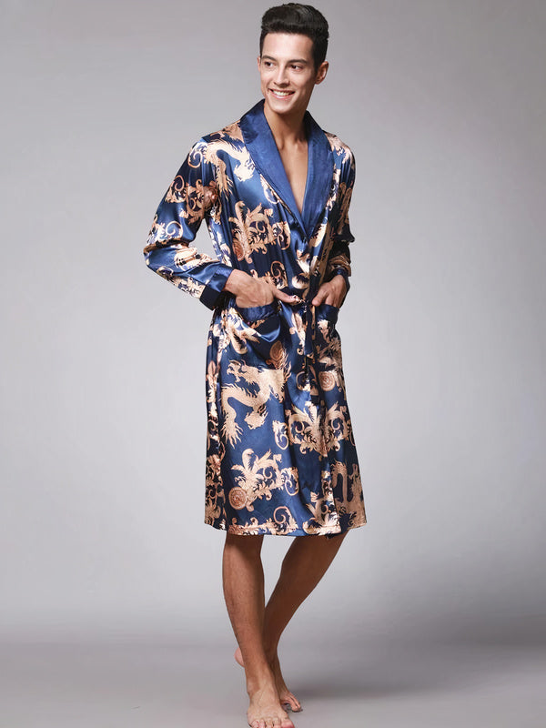 Men's Satin Dressing Gown – "Blue" Dragon Print