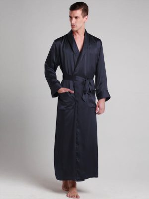 Men's Silk Dressing Gown – Classic Length – Navy Blue