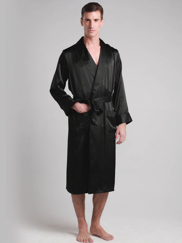 Classic Men's Mid-Length Silk Robe – Black