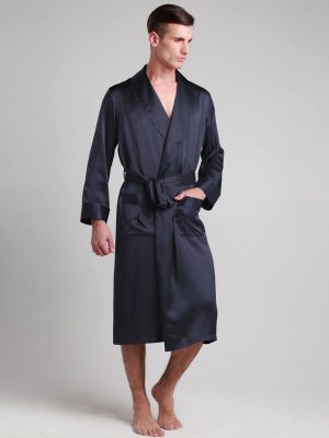 Classic Men's Mid-Length Silk Robe – Navy Blue
