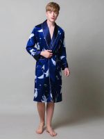 Men's Satin Dressing Gown – Stork Print – Navy Blue