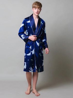 Men's Satin Dressing Gown – Stork Print – Navy Blue