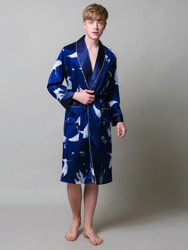 Men's Satin Dressing Gown – Stork Print – Navy Blue