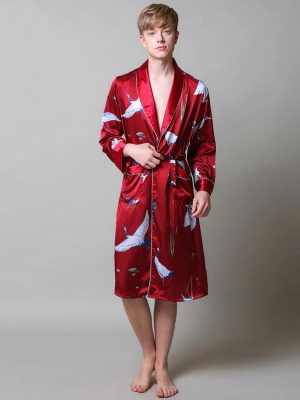 Men's Satin Dressing Gown – "Red" Stork Print