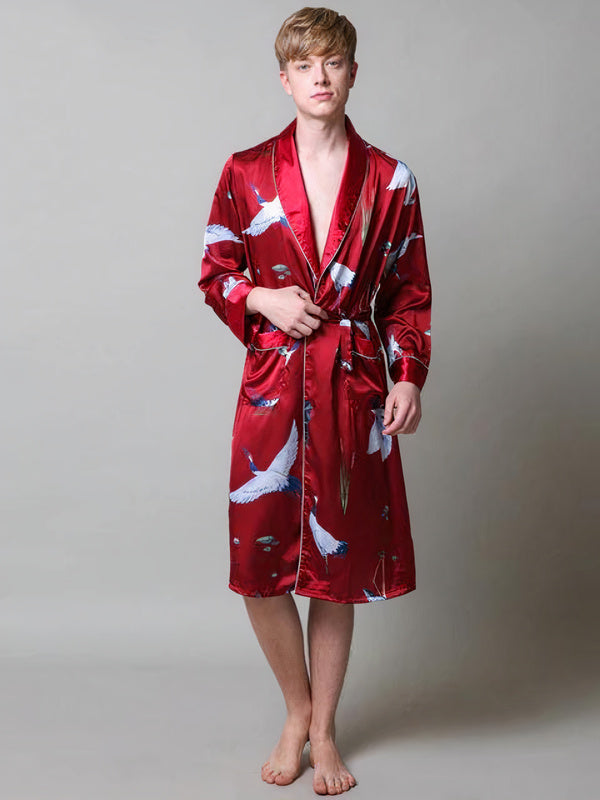 Men's Satin Dressing Gown – "Red" Stork Print