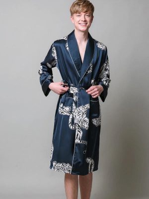 Men's Satin Dressing Gown – "Navy Blue" Tiger Print