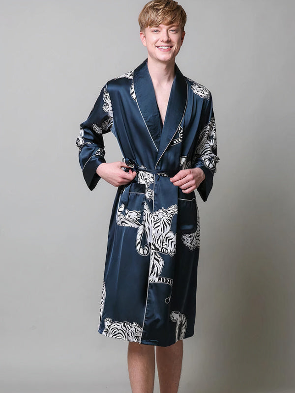 Men's Satin Dressing Gown – "Navy Blue" Tiger Print