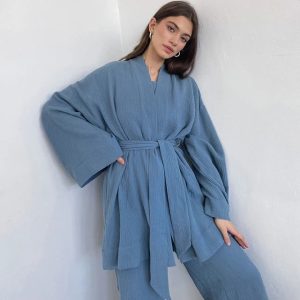 Women's 2-Piece Dark Blue Bathrobe