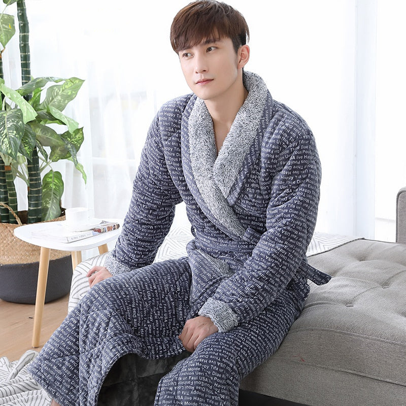 Men's Luxury Blue Bathrobe with Lettering